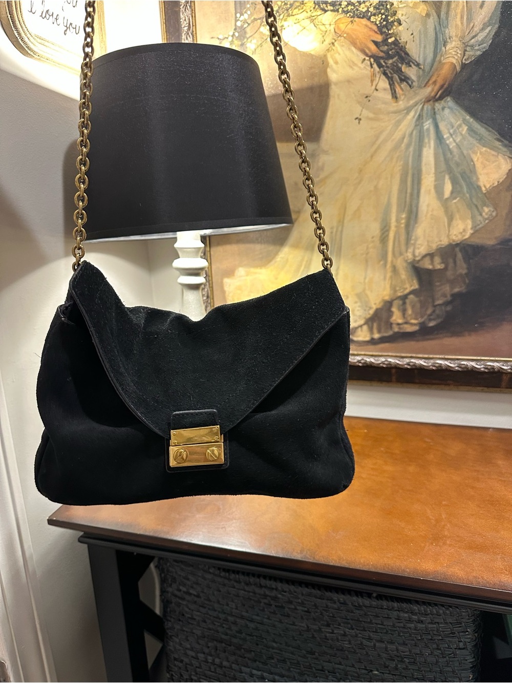 J.Crew Black Suede Shoulder Bag with Gold Chain and Lock